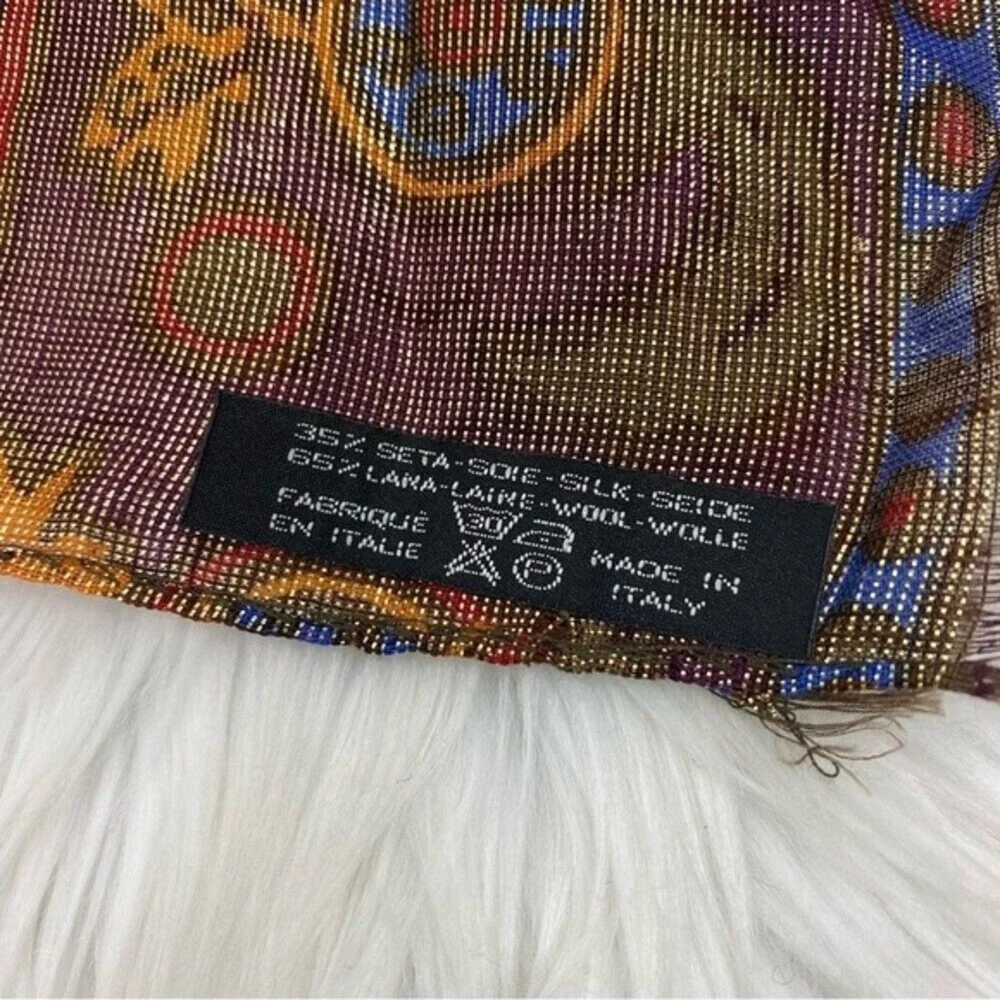 Bally‎ Vintage Gold Metallic Artisan Print Scarf Wool Silk Made in Italy 26x60
